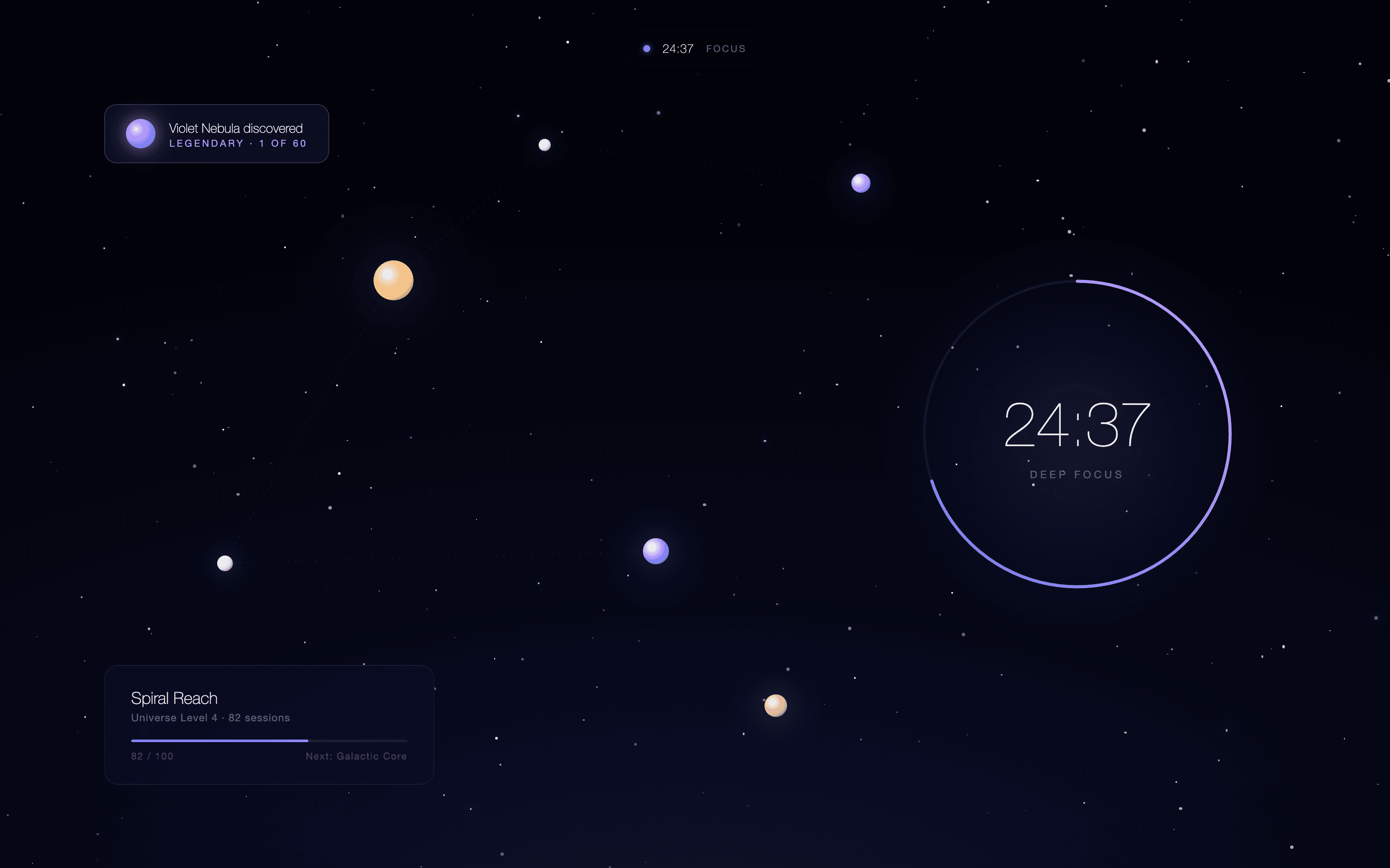 Stellar : anneau du minuteur, découverte et carte de niveau au-dessus d'un champ d'étoiles